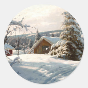 Sonnige Winterlandschaft von Peder Mork Monsted Runder Aufkleber