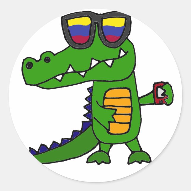 Sonniger Alligator mit Handy Runder Aufkleber (Vorderseite)