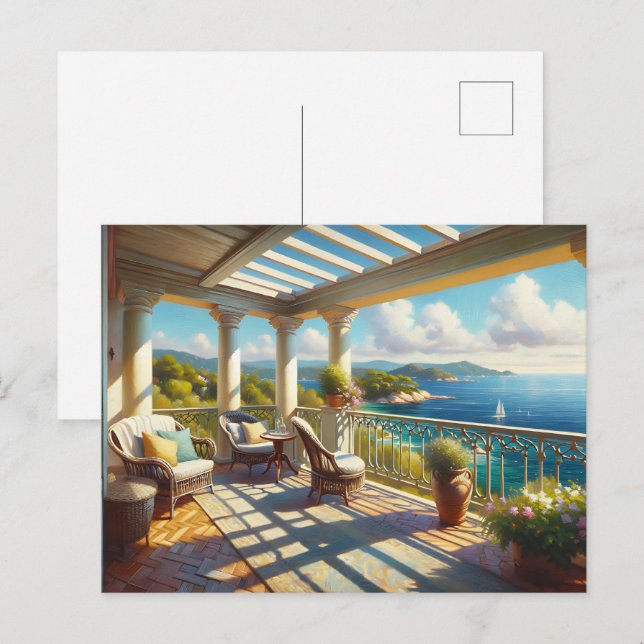 Sonniger Balkon mit Meerblick Postkarte (Vorne/Hinten)