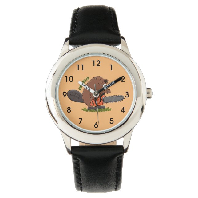 Sonniger Biber mit Kettensäge Cartoon Spaß Armbanduhr (Vorderseite)