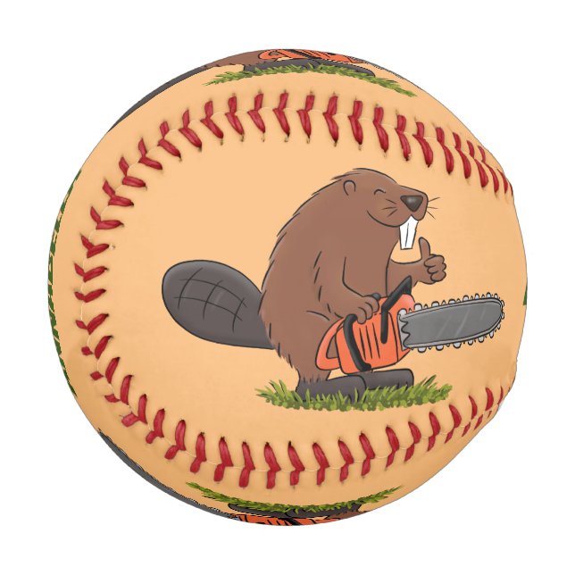 Sonniger Biber mit Kettensäge Cartoon Spaß Baseball (Vorderseite Links)