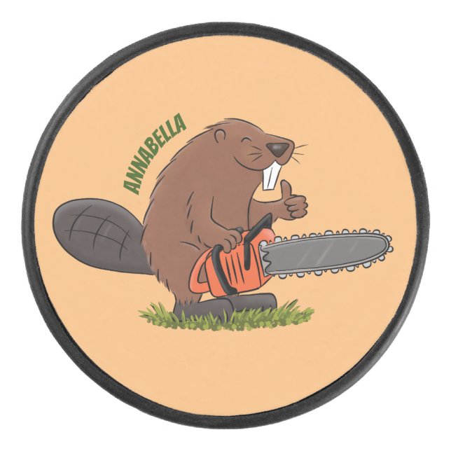 Sonniger Biber mit Kettensäge Cartoon Spaß Eishockey Puck (Vorderseite)