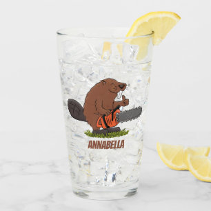 Sonniger Biber mit Kettensäge Cartoon Spaß Glas