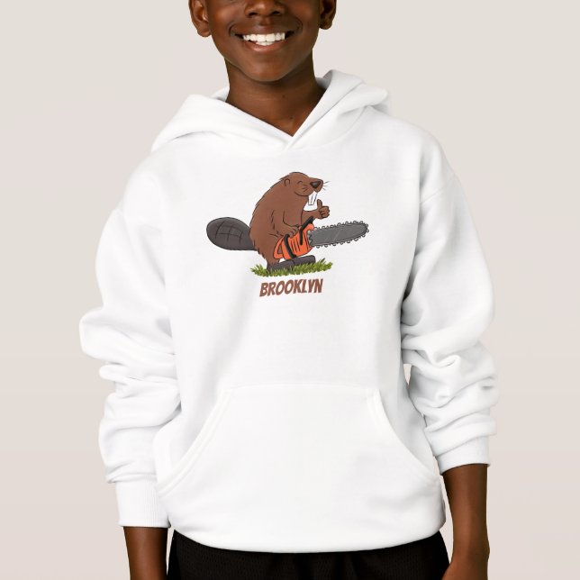 Sonniger Biber mit Kettensäge Cartoon Spaß Hoodie (Vorderseite)