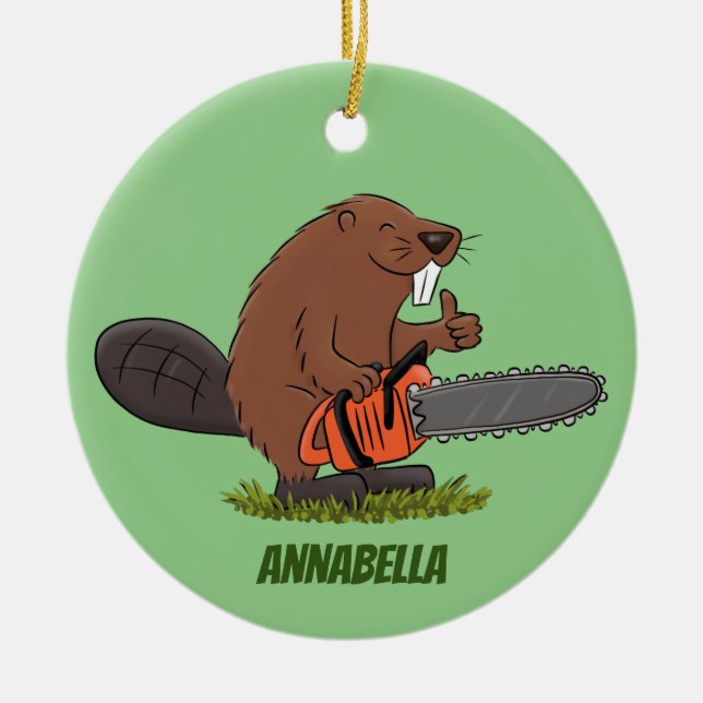 Sonniger Biber mit Kettensäge Cartoon Spaß Keramik Ornament (Vorne)