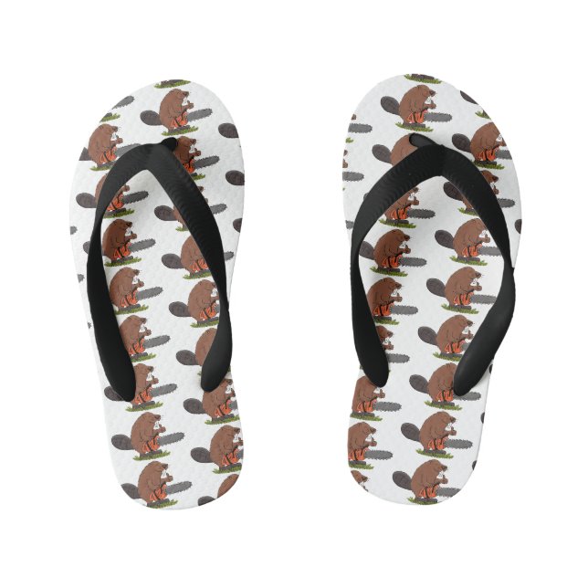 Sonniger Biber mit Kettensäge Cartoon Spaß Kinderbadesandalen (Fußbett)