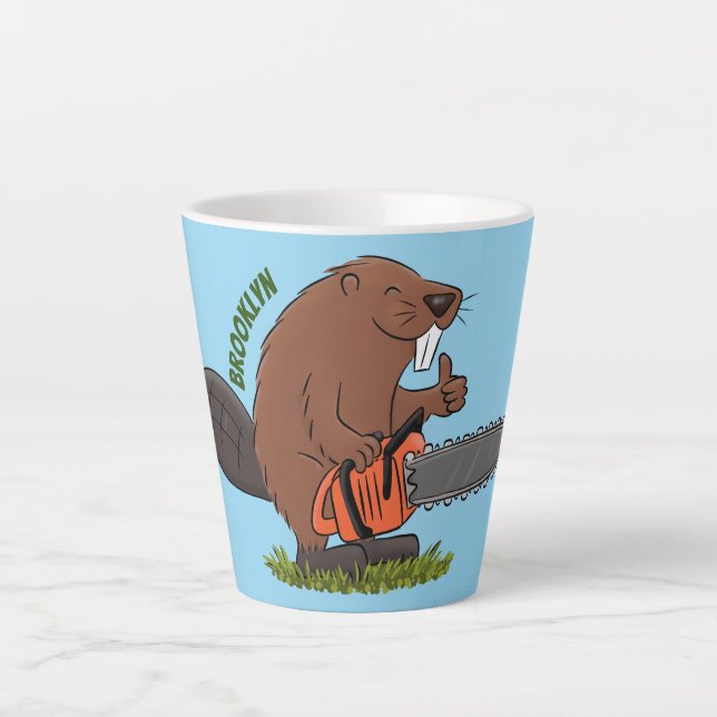 Sonniger Biber mit Kettensäge Cartoon Spaß Milchtasse (Vorderseite)
