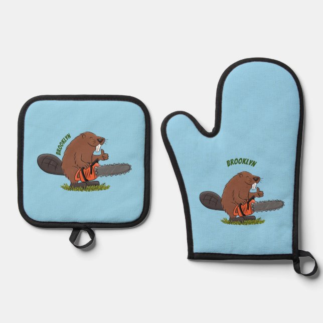 Sonniger Biber mit Kettensäge Cartoon Spaß Ofenhandschuh & Topflappen-Set (Vorderseite)