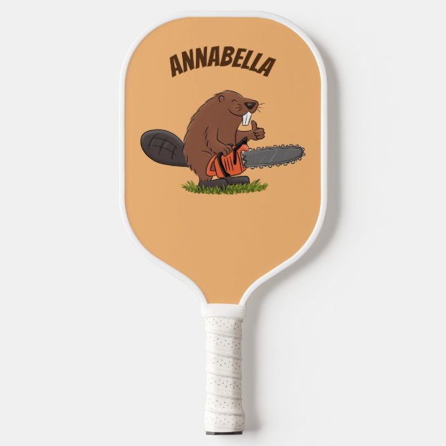 Sonniger Biber mit Kettensäge Cartoon Spaß Pickleball Schläger (Vorderseite)
