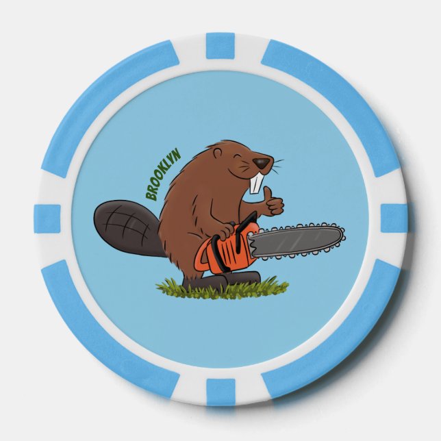Sonniger Biber mit Kettensäge Cartoon Spaß Pokerchips (Vorderseite)