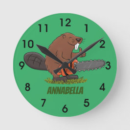 Sonniger Biber mit Kettensäge Cartoon Spaß Runde Wanduhr