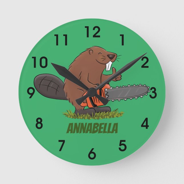 Sonniger Biber mit Kettensäge Cartoon Spaß Runde Wanduhr (Vorderseite)