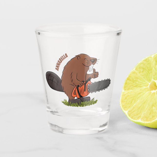 Sonniger Biber mit Kettensäge Cartoon Spaß Schnapsglas (Vorderseite)