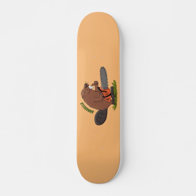 Sonniger Biber mit Kettensäge Cartoon Spaß Skateboard (Vorne)
