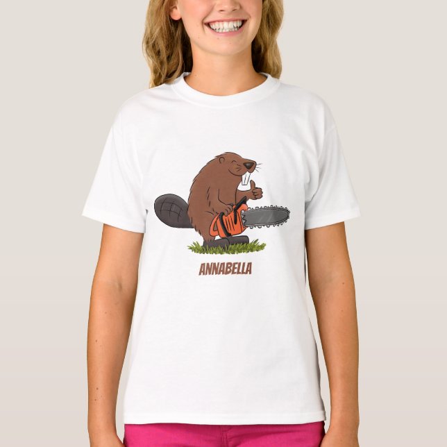 Sonniger Biber mit Kettensäge Cartoon Spaß T-Shirt (Vorderseite)