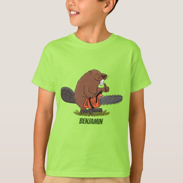 Sonniger Biber mit Kettensäge Cartoon Spaß T-Shirt (Vorderseite)