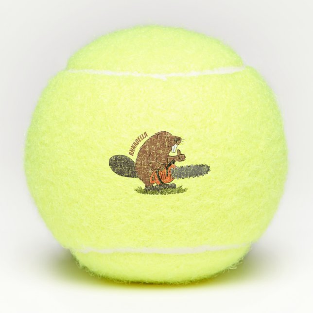 Sonniger Biber mit Kettensäge Cartoon Spaß Tennisbälle (Vorderseite)