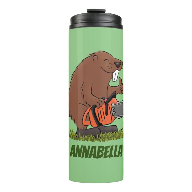 Sonniger Biber mit Kettensäge Cartoon Spaß Thermosbecher (Vorderseite)
