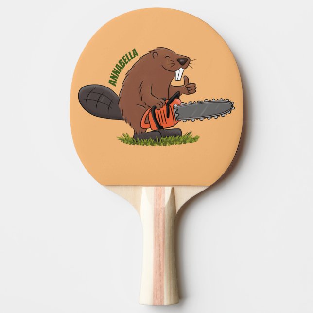 Sonniger Biber mit Kettensäge Cartoon Spaß Tischtennis Schläger (Vorderseite)