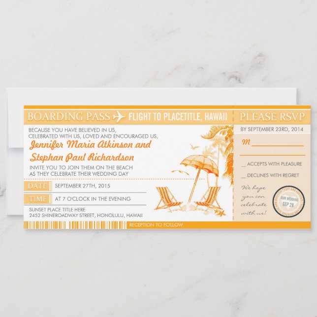 Sonniger Boarding Pass Eintrittskarten Hochzeit Ei Einladung (Vorderseite)