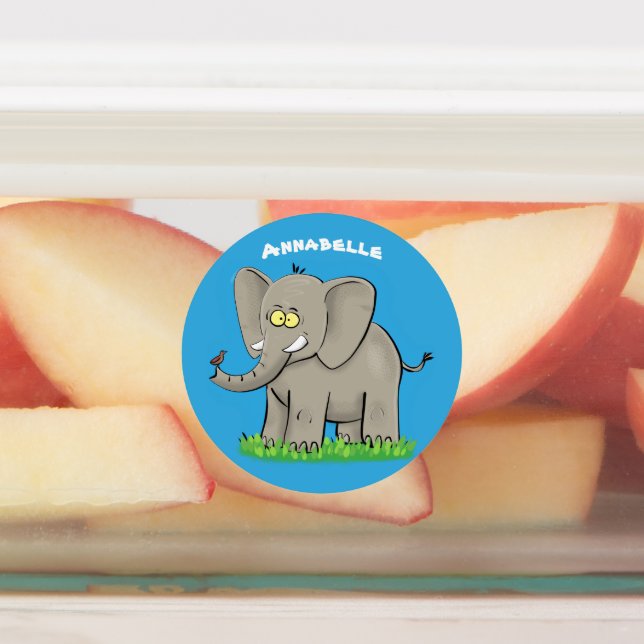 Sonniger Elefant mit Vogel-Cartoon personalisiert Etiketten (Befestigt)