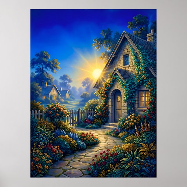 Sonniger Garten bei Tagesanbruch Poster (Vorne)