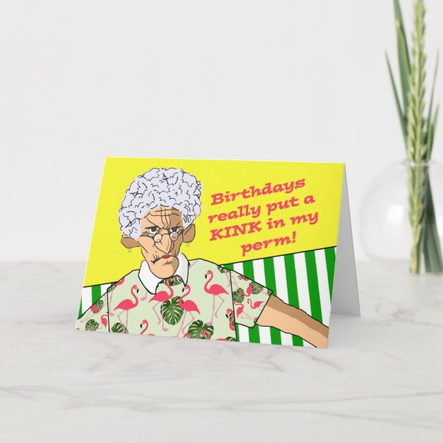 Sonniger Geburtstag, ältere Dame mit permanenter F Karte (Vorderseite)