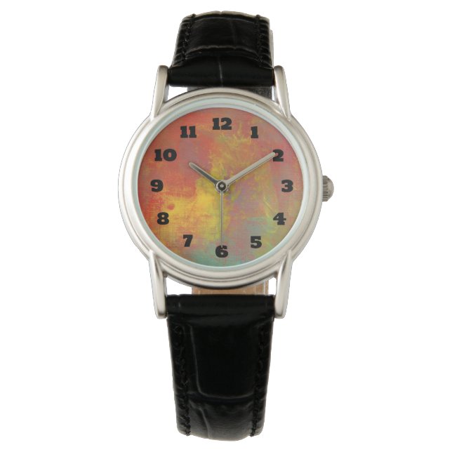 Sonniger Gelborange Grün Rustikaler Grunge Abstrak Armbanduhr (Vorderseite)