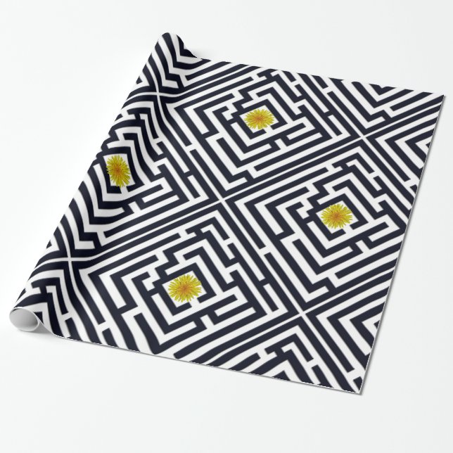 Sonniger Löwenzahn im schwarzen Labyrinth auf Geschenkpapier (Ungerollt)