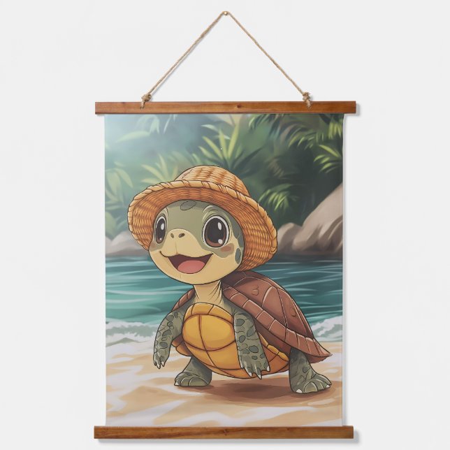 Sonniger Spaziergang: Die Strandschildkröte Wandteppich Mit Holzrahmen (Vorderseite)