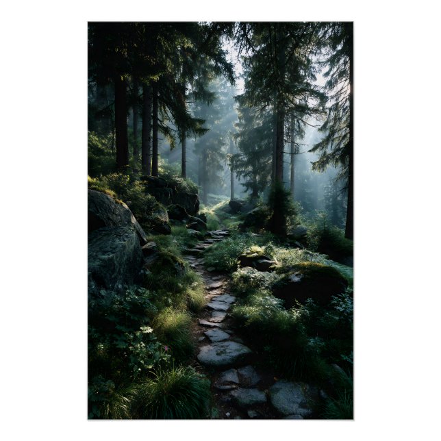 Sonniger Waldweg durch alte Kiefern Poster (Vorderseite)