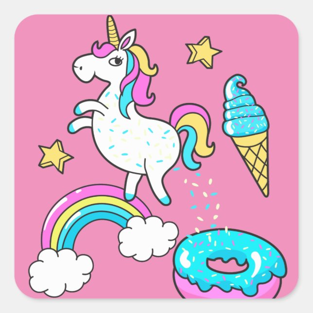 Sonniges Einhorn kackend Regenbogensprinklen auf D Quadratischer Aufkleber (Vorderseite)
