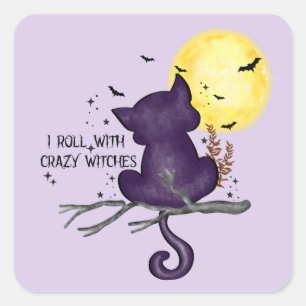 Sonniges Halloween Schwarze Katze und magischer Mo Quadratischer Aufkleber