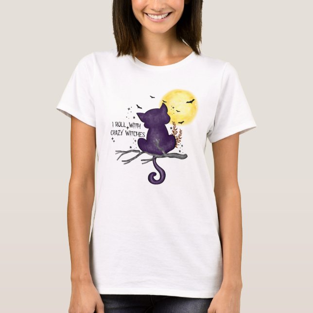 Sonniges Halloween Schwarze Katze und magischer Mo T-Shirt (Vorderseite)
