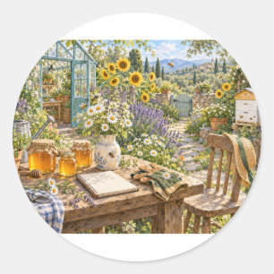 Sonniges Honigbienen-Gartenhäuschen Runder Aufkleber