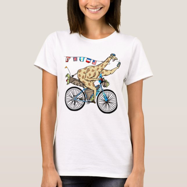Sonniges Radtouren Cartoon Giraffe Bikepacking T-Shirt (Vorderseite)