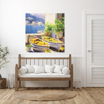 Sonntag im Wasser Leinwanddruck<br><div class="desc">Canvas Print mit einer lebendigen Aquarellszene eines Sommertags am Meer, Inselstadt Capri, Italien. Der Druck zeigt Zitronen, die in blauen und weißen Robotern verstreut sind, mit den Booten, die auf dem blauen Meer segeln, Roaming-Hügel und die schöne Architektur von Capri im Hintergrund. In 12x12 quadratischer Leinwand gezeigt. Weitere Größen sind...</div>
