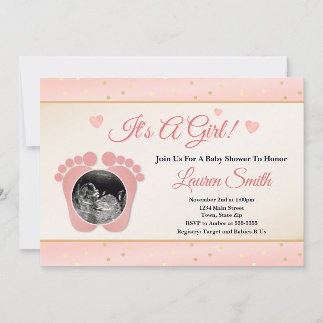 Sonogram Baby Shower Invitation Girl, rosa Zehen Einladung (Vorderseite)