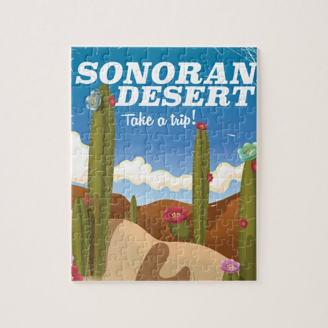 Sonoran Wüste Kaktus Cartoon Reiseplakat. (Vertikal)