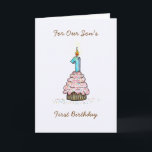 Sons erster Geburtstag Karte<br><div class="desc">Sons erste Geburtstagskuchen und Kerzenkarte. Diese originale Babykarte hat einen Kuchen mit Zuckerguss und Sprinklen und eine große Nummer eins Kerze oben. Der Text auf der Vorderseite lautet: "Zum ersten Geburtstag unseres Sohnes". Die Innenseite hat ein glückliches Sprichwort, das geändert oder gelöscht werden kann.</div>