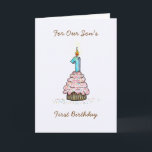 Sons erster Geburtstag Karte<br><div class="desc">Sons erste Geburtstagskuchen und Kerzenkarte. Diese originale Babykarte hat einen Kuchen mit Zuckerguss und Sprinklen und eine große Nummer eins Kerze oben. Der Text auf der Vorderseite lautet: "Zum ersten Geburtstag unseres Sohnes". Die Innenseite hat ein glückliches Sprichwort,  das geändert oder gelöscht werden kann.</div>