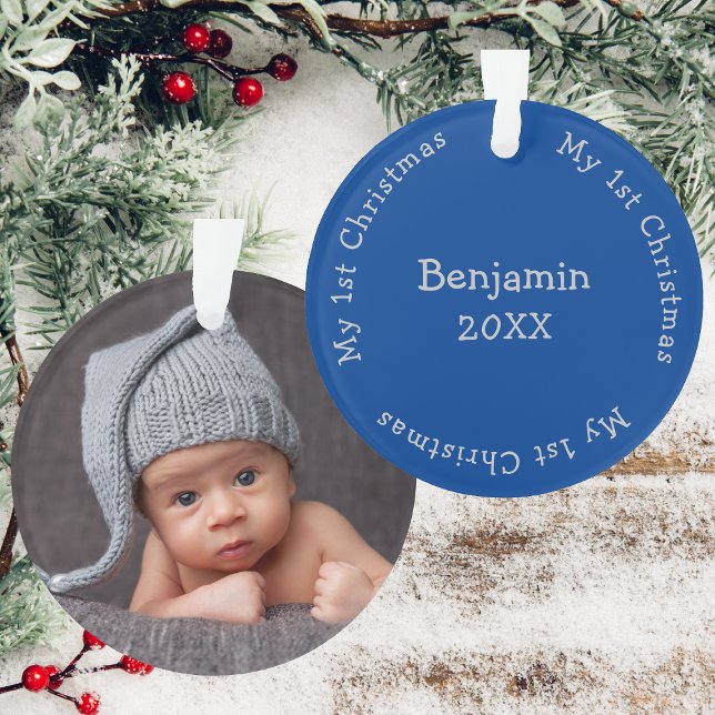 Sons First Christmas Foto Blau und Silbername Ornament (Bacl And Front)