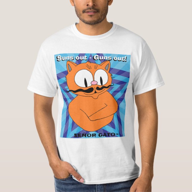 Sonst raus - Waffen raus! Cartoon Mustache Cat T-Shirt (Vorderseite)