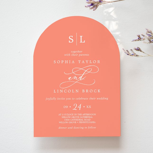 SOPHIA Arch Bright Coral Peach Sunset Wedding Einladung (SOPHIA Arch Bright Coral Peach Sunset Wedding Invitation)
