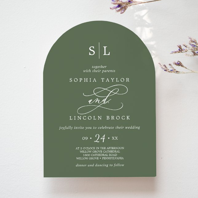 SOPHIA Arch Monogram Woodland Olive Green Wedding Einladung (SOPHIA Arch Monogram Woodland Olive Green Wedding Invitation)