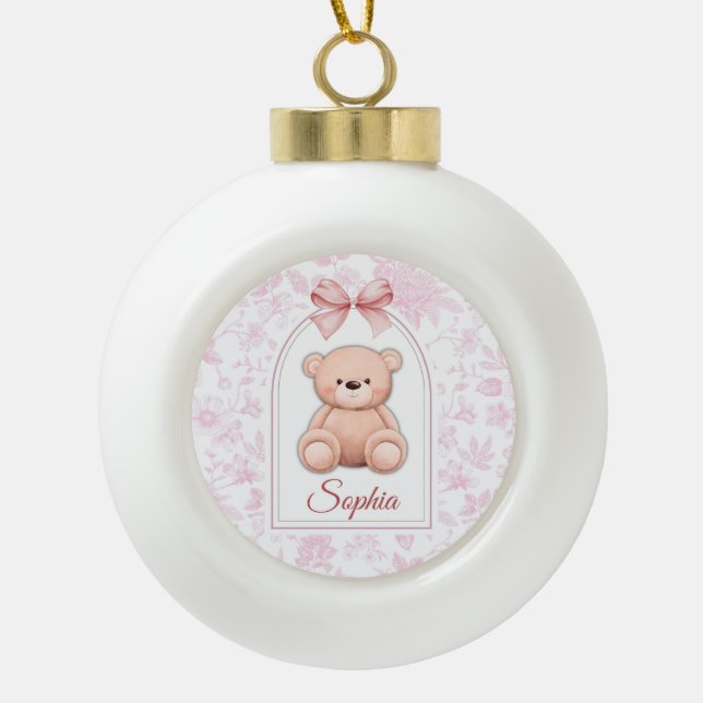 Sophia | Benutzerdefiniertes rosa Teddy-Bär-Kinder Keramik Kugel-Ornament (Vorderseite)