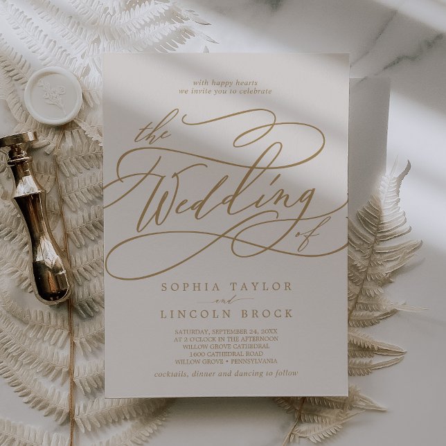 SOPHIA Gold Cream Elegante Extravagante Script Hoc Einladung (SOPHIA Gold Cream Elegant Fancy Script Wedding Invitation)