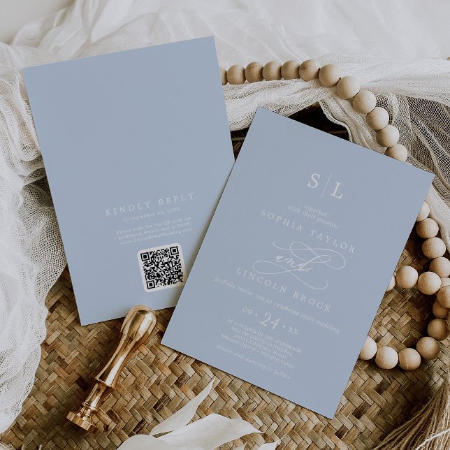 SOPHIA Modern Baby Blue in einer Hochzeit Einladung (SOPHIA QR Code Modern Baby Blue All In One Wedding Invitation)