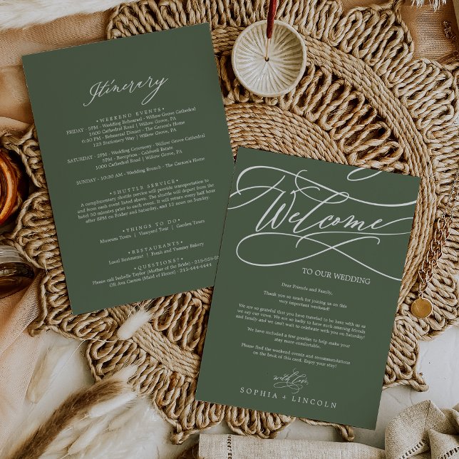 SOPHIA Olive Green Wedding Willkommen und Tour (SOPHIA Olive Green Wedding Welcome and Itinerary Cards)