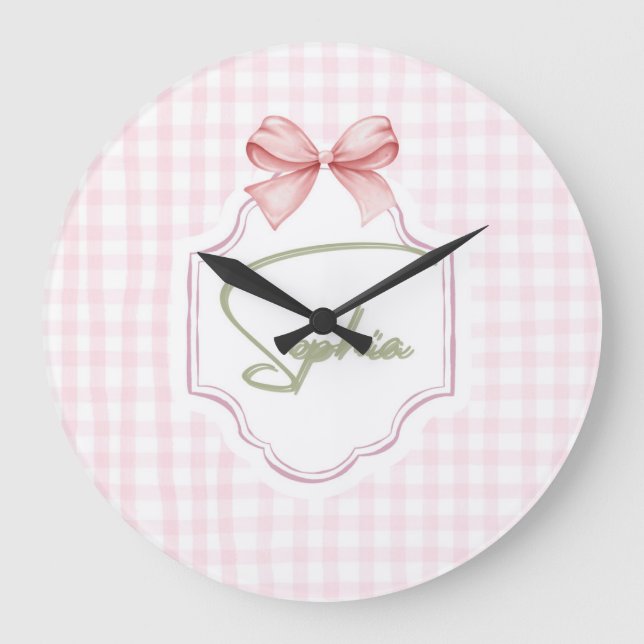 Sophia Personalisiert Pink Bow & Gingham Print Große Wanduhr (Vorderseite)